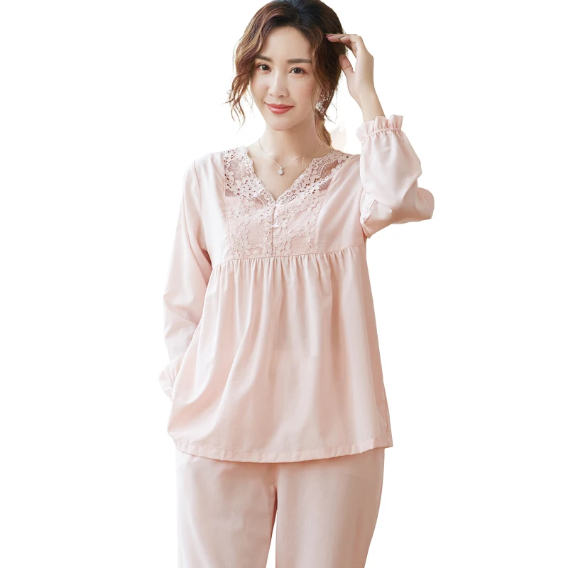 Spring M-XXL Women V-Neck Pajamas Sets Soft Nightwear Autumn Woven Cotton Pyjamas Solid Color Sleepwear Female Pijamas Mujer