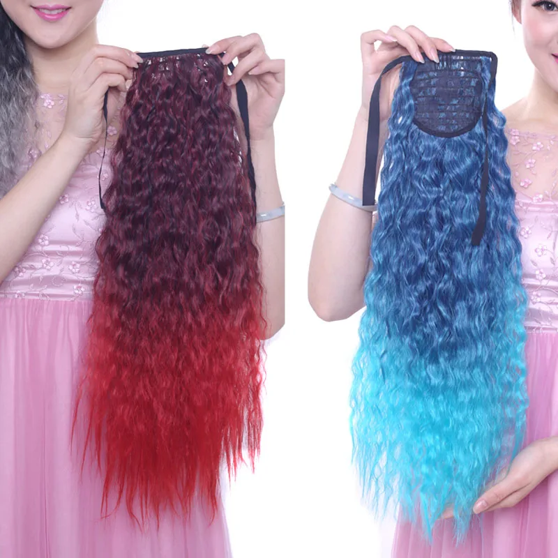Ponytail Wavy Hair Extension 24 Inch Ombre Corn Wave Ribbon Tie Matte Synthetic Colorful Wrap Ponytails For Women Party