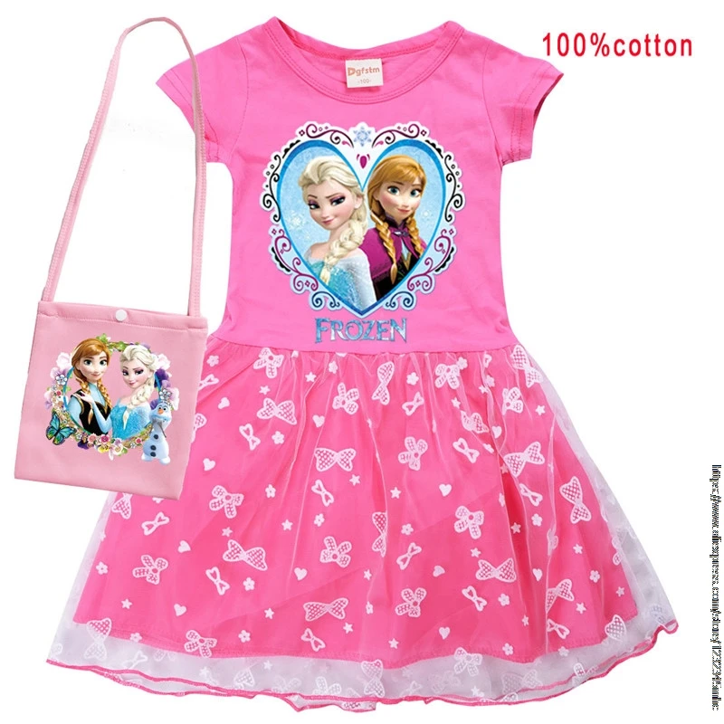 Spring Elsa Girls Cosplay Cartoon Disney Kids Summer Short Sleeve Princess Dress +Bag Up Children Birthday Party Clothing