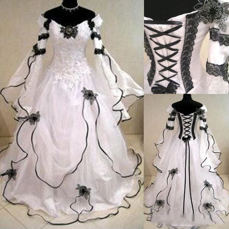 Black And White Gothic Wedding Dress With Flare Long Sleeves Lace Appliques Corset Vintage Medieval Bridal Gowns Customized