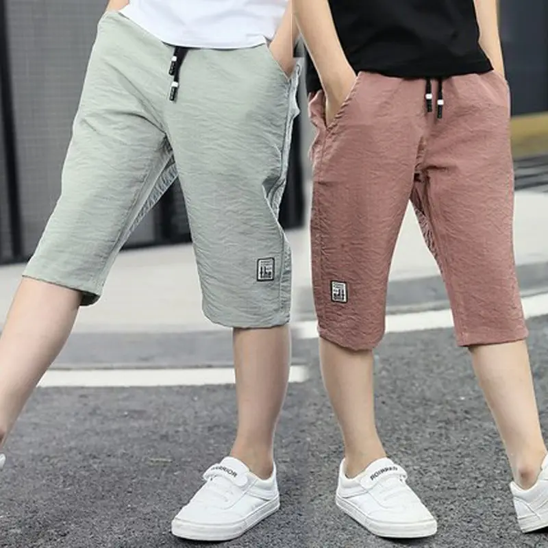 3-10Year Children Shorts Teenager Boys Shorts Summer Kids Knee Length Straight Shorts Boys Linen Cotton Capris Track Pant Casual