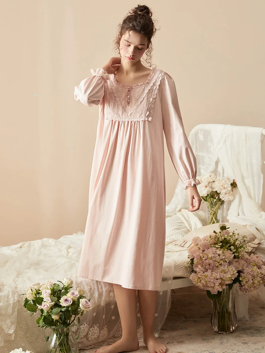 Hanxiuju Vintage Embroidery Long Nightgowns For Lady Spring Autumn Long Sleeve Elegant Delicate Loose Nightshirts Homewear