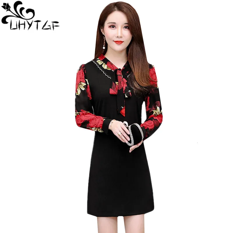 

UHYTGF Spring dress woman fashion fake two-piece printed stitching chiffon dress female Korean V-neck casual big size dress 795