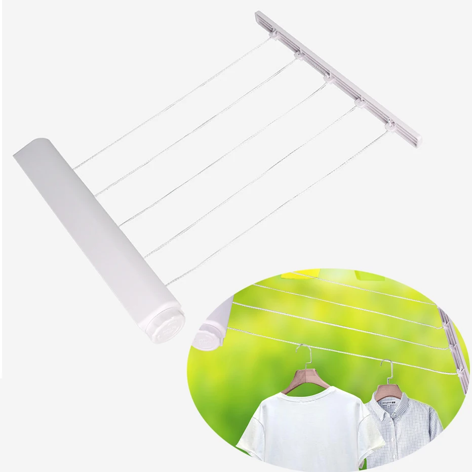 Nylon Wall Mounted Indoor Clothesline Retractable Laundry Hanger Drying Towel Rack Flexible Rope