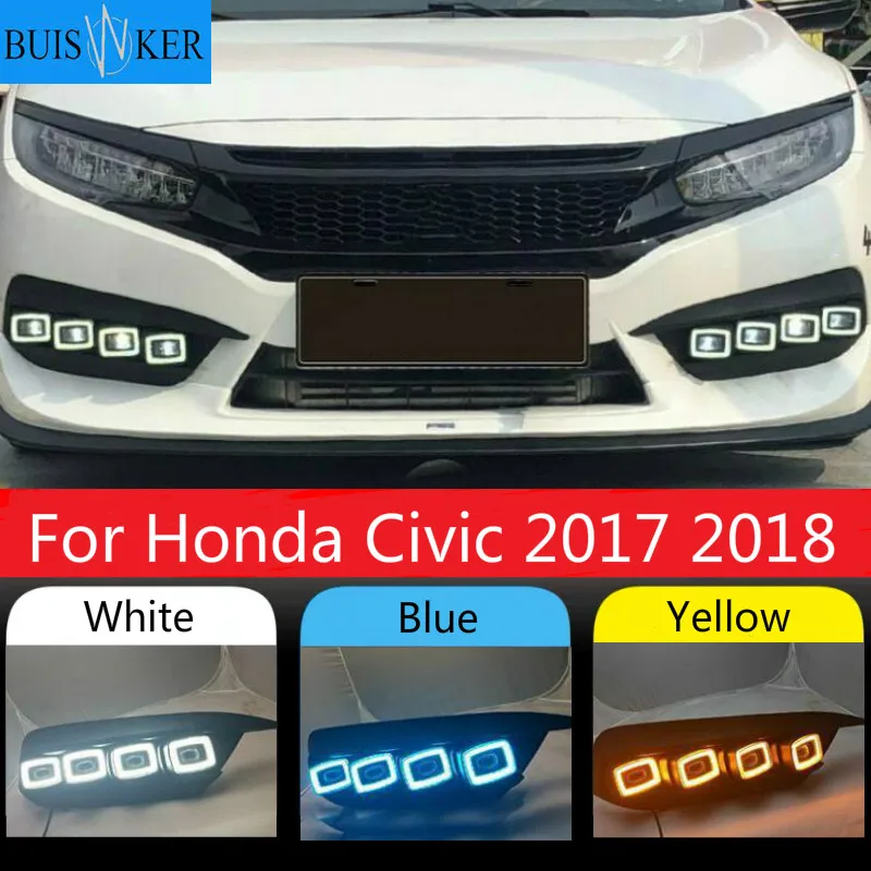 

2Pcs Car LED DRL daytime running light for Honda Civic 2017 2018 Daylight with turn yellow signal night blue