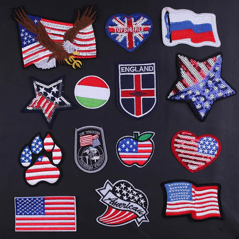 Sequins Flag Eagle Embroidered Patches for Clothing Thermoadhesive Badges Patch Thermal Stickers for Fabric Clothes Appliques