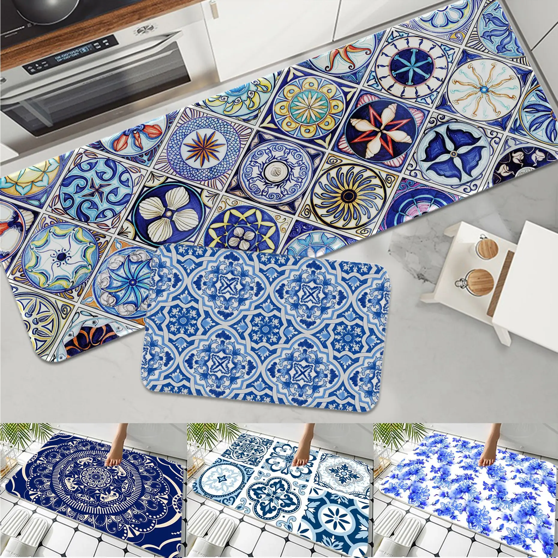 Blue and White Porcelain Bedroom Kitchen Entrance 40*60 Coral Velvet Carpet Rubber Floor Mats Anti-Slip Rug welcome Doormat