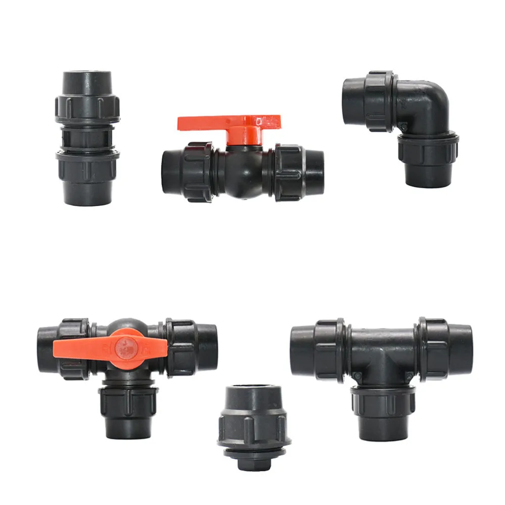 PE Water Tube Quick Connector Ball Valve Elbow End Plug Tee Plastic Joint Farm Irrigation Pipe Fittings 20/25/32/40/50/63mm