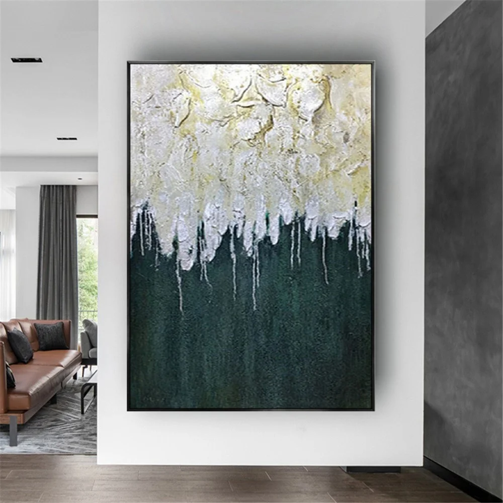 

100% hand-painted Oil Painting On Canvas Green And Off-white Thick Oil Texture Canvas Art Home Decor Abstract Green Wall Artwork