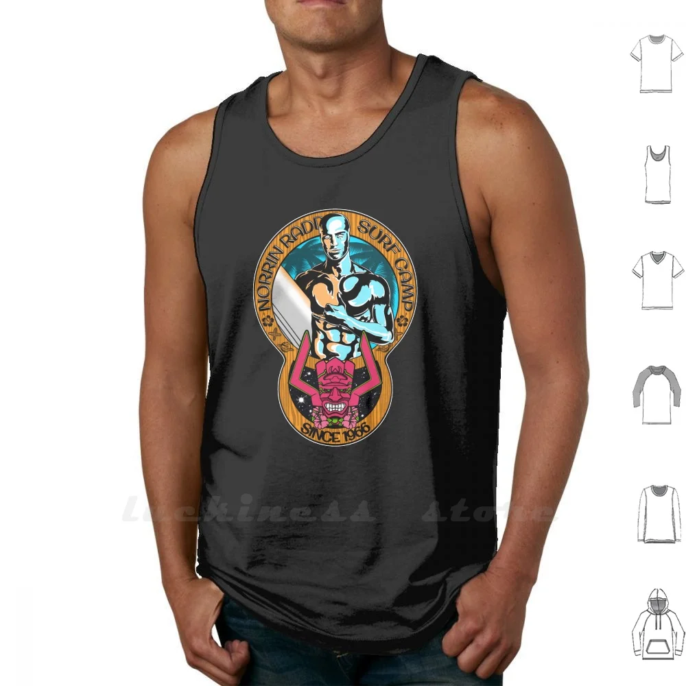 Surf Camp. Tank Top Vest Sleeveless Men Women Cotton Silver Logo Parody Surfer Comic Surf Shaka Tiki Hero Superhero Camp