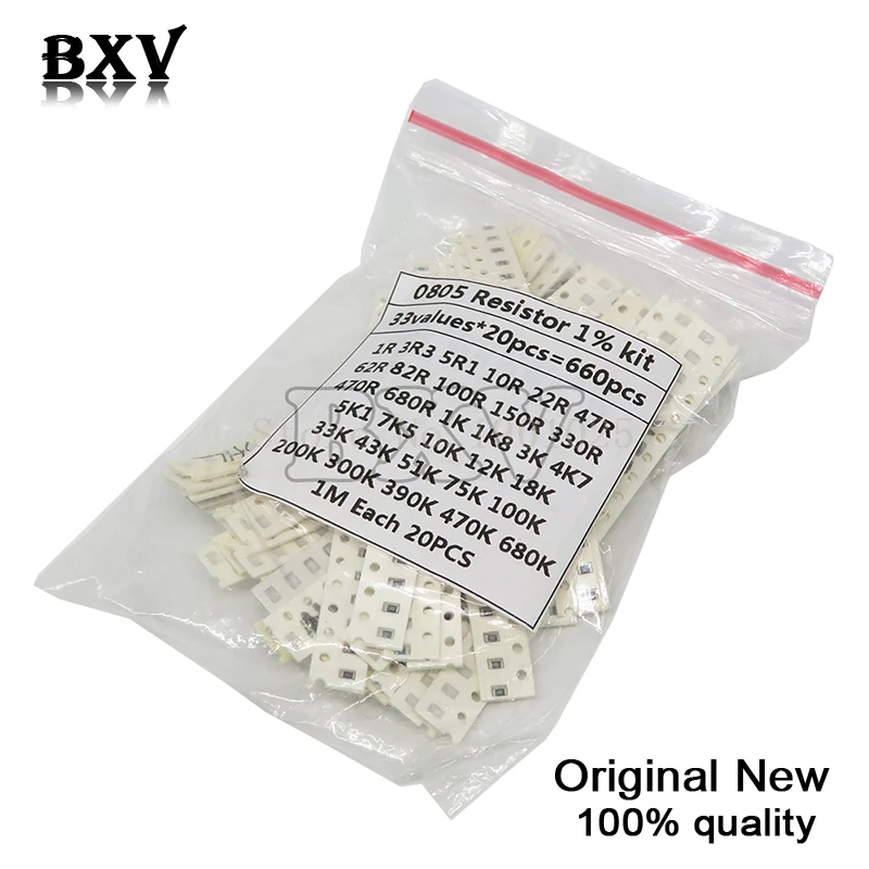 0805 SMD Resistor Kit Assorted Kit 1ohm-1M Ohm 1% 33ValuesX 20PCS=660PCS Sample Kit