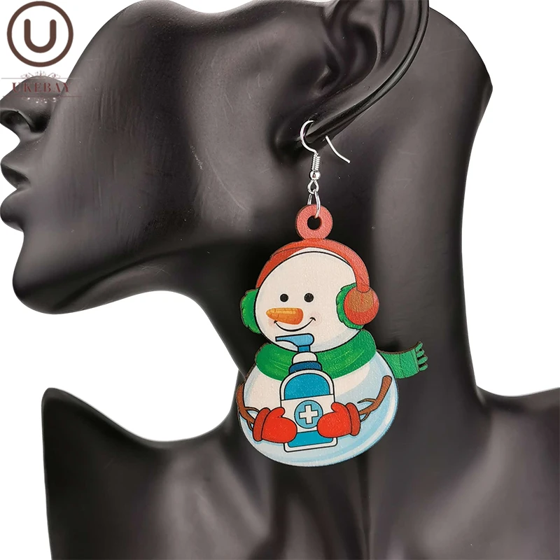 UKEBAY New Snowman Earrings Women Drop Earrings Christmas Jewelry Gift Mom Wood Jewelry Wooden Earring  Big Ear Accessories