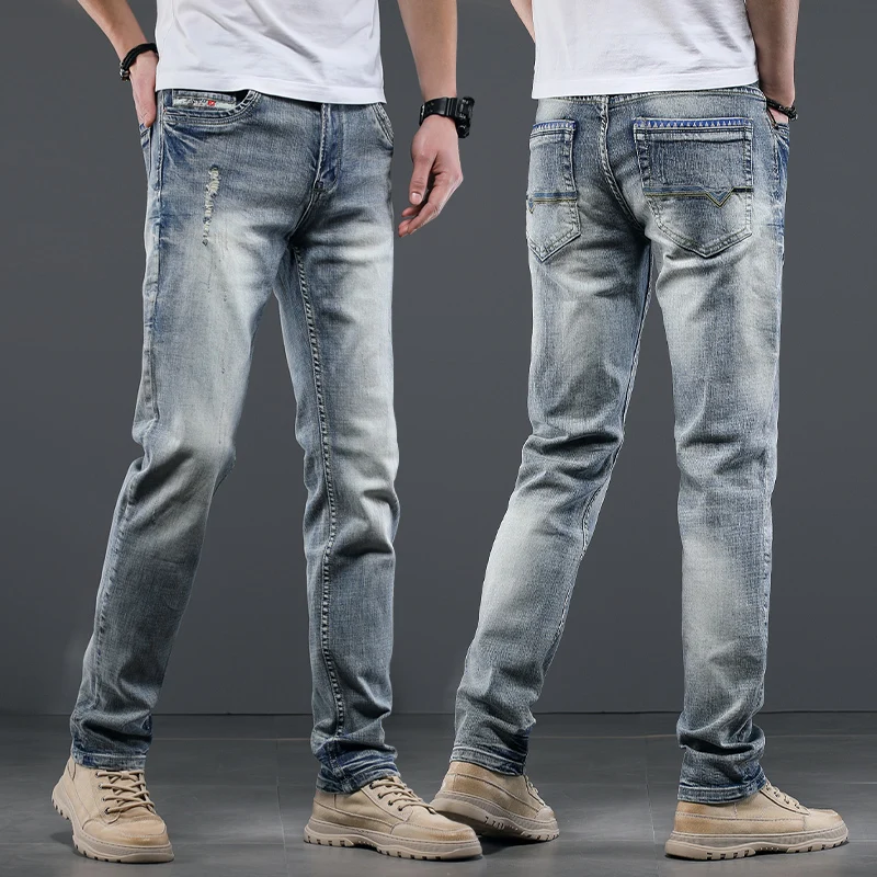 

Summer Mens Light Blue Vintage Ripped Jeans Men Cotton Regular Straight Denim Pants Retro Distressed Jean Trousers