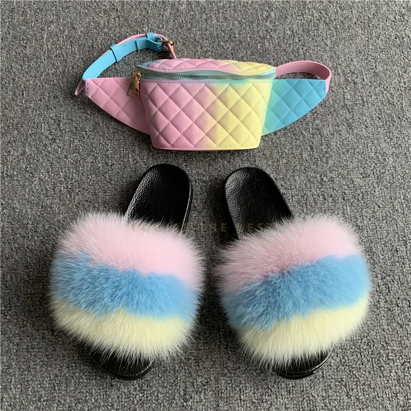 Women fur slippers with bags Fluffy Real Fox Hair Slides Furry Sandals Ladies Rainbow PVC Jelly Wallet Travel Shoes Bag Set