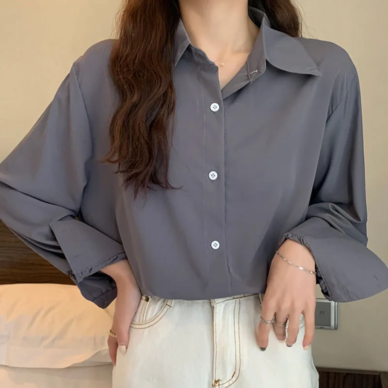 

Spring 2022 New Korean Fashion Female Clothing Long Sleeve Shirt Loose Top Women Blouses Dropshipping Solid Button Chiffon 1583
