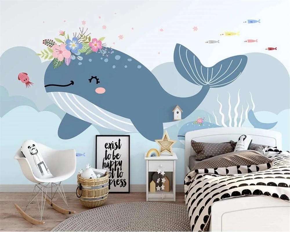 beibehang Customized new Nordic style hand-painted wallpaper whale underwater children's room interior background papier peint