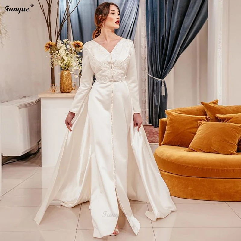 

Elegant Ivory Satin Muslim Long Sleeve Wedding Dresses Lace Vestidos De Novia 2021 Bride to be Dress A-Line Dubai Bridal Gowns