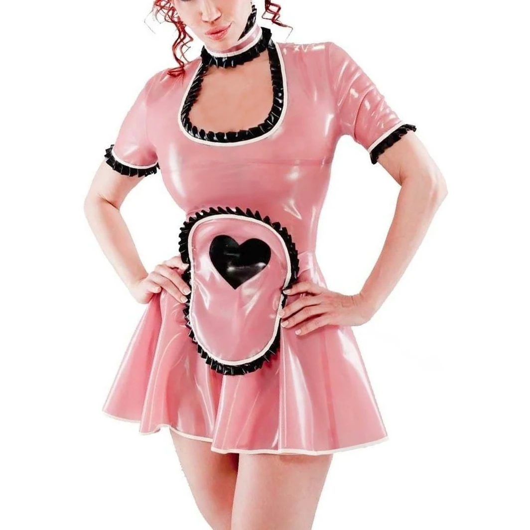 Sexy Latex Dress Zipper Back Short Sleeves Apron With Hearts Trims Rubber Uniform Bodycon Playsuit LYQ-0229