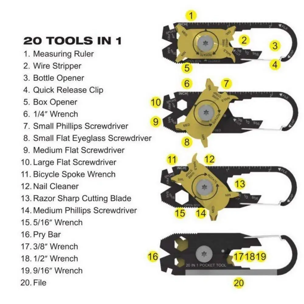 20 in 1 stainless steel wrench screwdriver EDC outdoor portable small tool multi-functional key chain