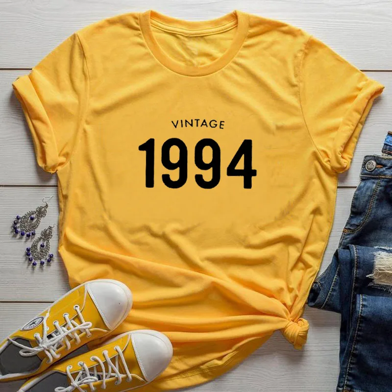 Sugarbaby New Arrival Vintage 1994 Letter t Shirts Summer Yellow Tops O Neck Tee Shirt Femme Tumblr 26th Birthday Shirt dropship