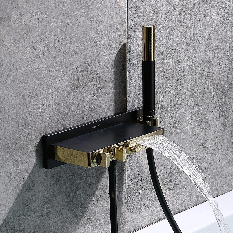 Bathtub Faucets Black and Gold Brass Bath Shower Set Waterfall Shower Set Bathtub Mixer Tap Wall Mounted Chrome Bathroom Facuet