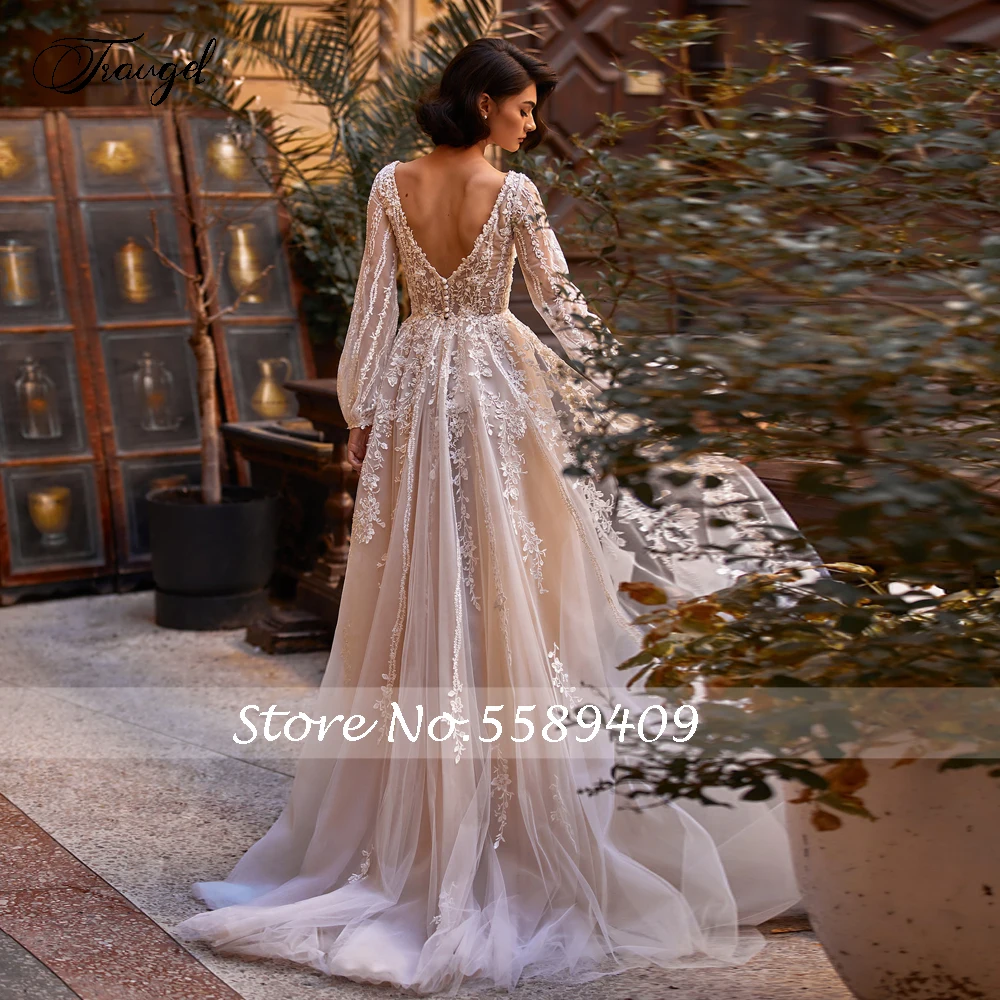 Traugel A-Line Beach Romantic Wedding Dresses O-Neck Puff Long Sleeve Vestido De Novia 3D Flowers Appliques Bridal Gowns