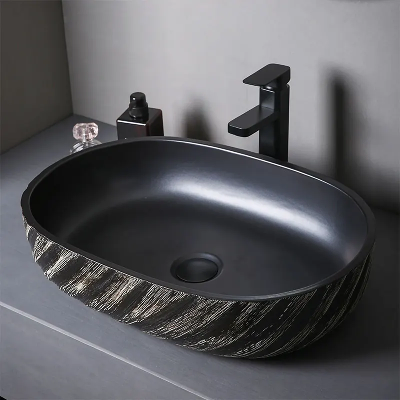 Matte black balcony basin oval large size art wash basin bathroom ceramic basin basin basin