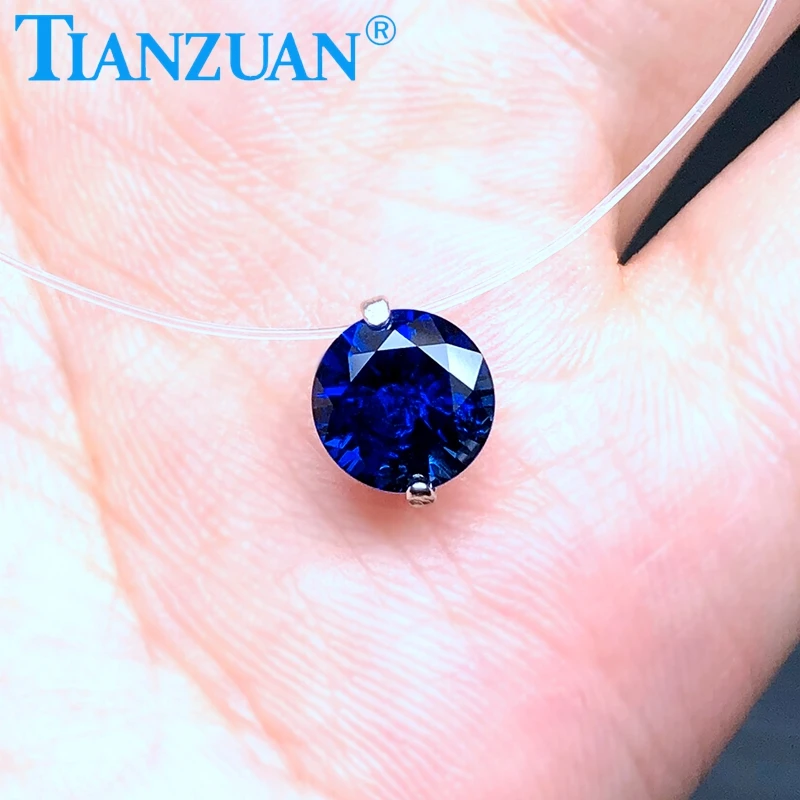 8mm Round Shape Fish Line Invisible Simulation Artificial Blue Sapphire 925 Sterling Silver Jewelry Pendant Necklace