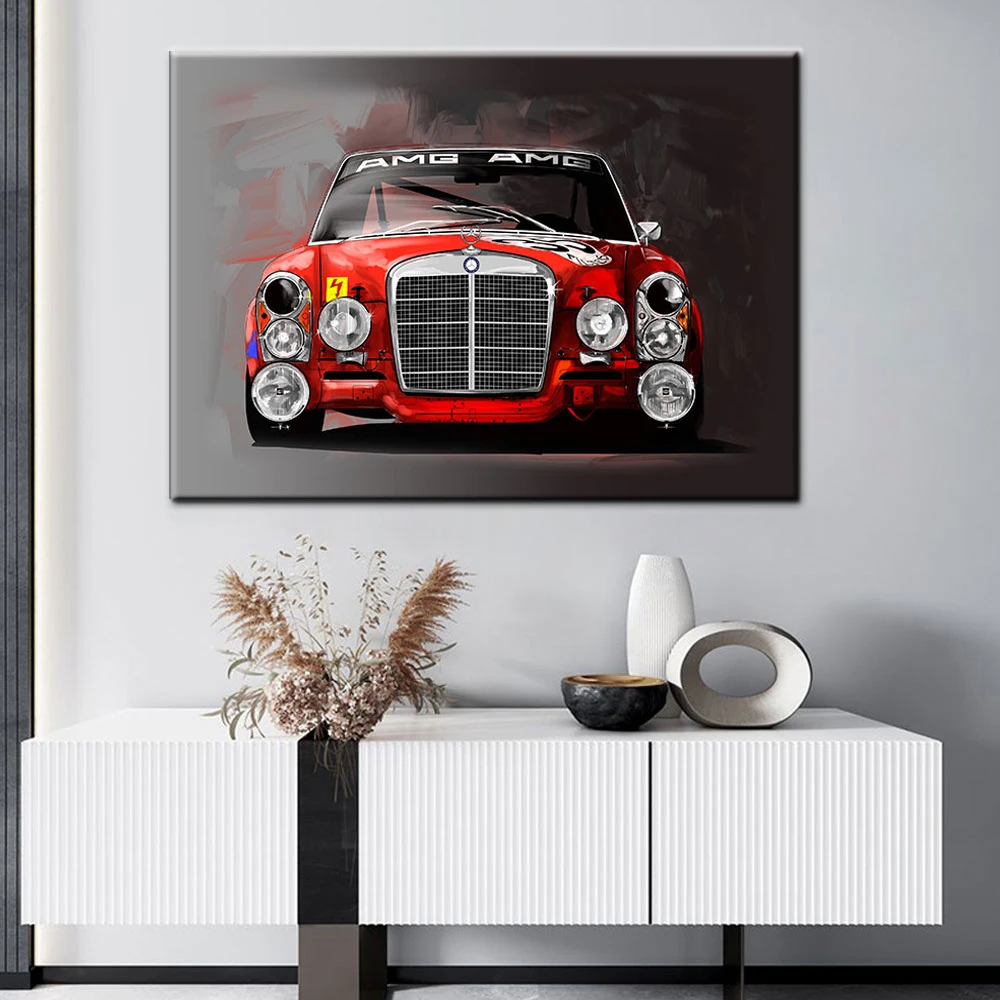 Wall Art Canvas Vintage Classic Racing Car Poster Painting Red AMG Cars Automobile Picture Print Modern Home Decor Living Room