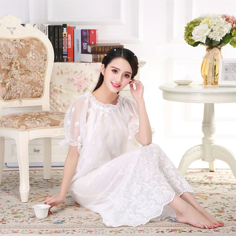 

Summer Cotton Mesh Computer Embroidered Female Crown Fairy Short-Sleeved Princess Nightgown Lounge Nightdress Intimate Sleepwear