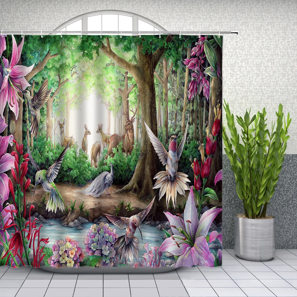 

Forest Animals Elk Birds Shower Curtains Bath Curtain Fabric Waterproof Polyester Bathroom Decor Curtain 180x200cm with Hooks