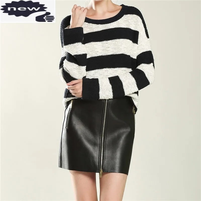 

Brand Women Sexy Genuine Mini Autumn Winter Zipper Sheepskin Leather Skirts High Waist Wrap Classic Black Skirt