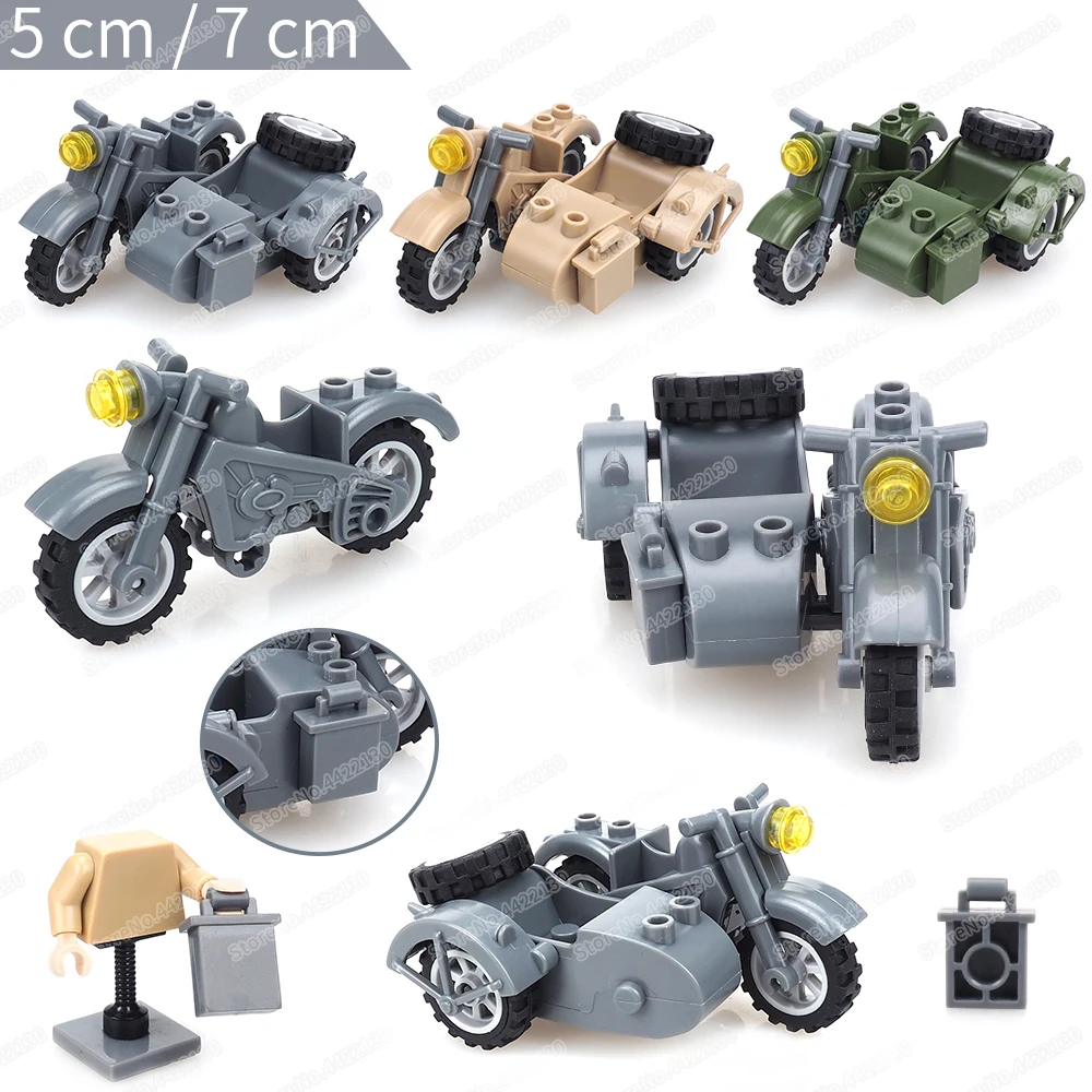 Bloques de construcción de motocicleta militar de tres ruedas, figuras Moc, armas de fuerza de la Segunda Guerra Mundial, modelo de movimiento, regalos de Navidad para niños, juguetes educativos