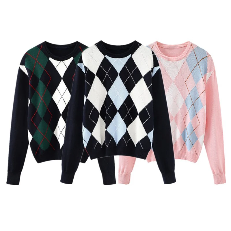 Sweet Girls Vintage Knitted Argyle Sweaters 2022 Early Autumn Fashion Ladies Pullovers Cute Women Chic Sweater Streetwear