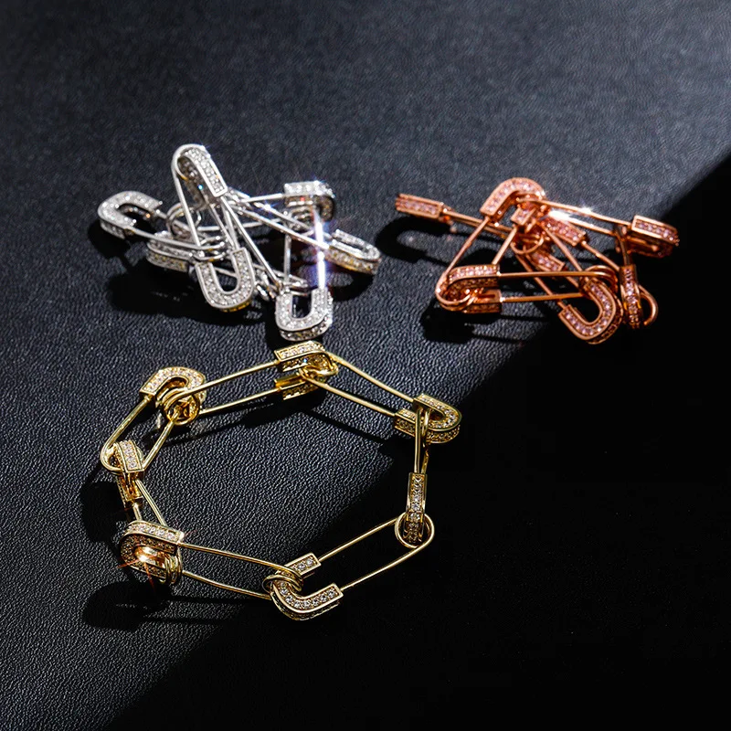 HIP Hop Prong Setting AAA CZ Stone paper clip Link Chain Bracelets Bangles for Women Men Unisex Fashion Jewelry