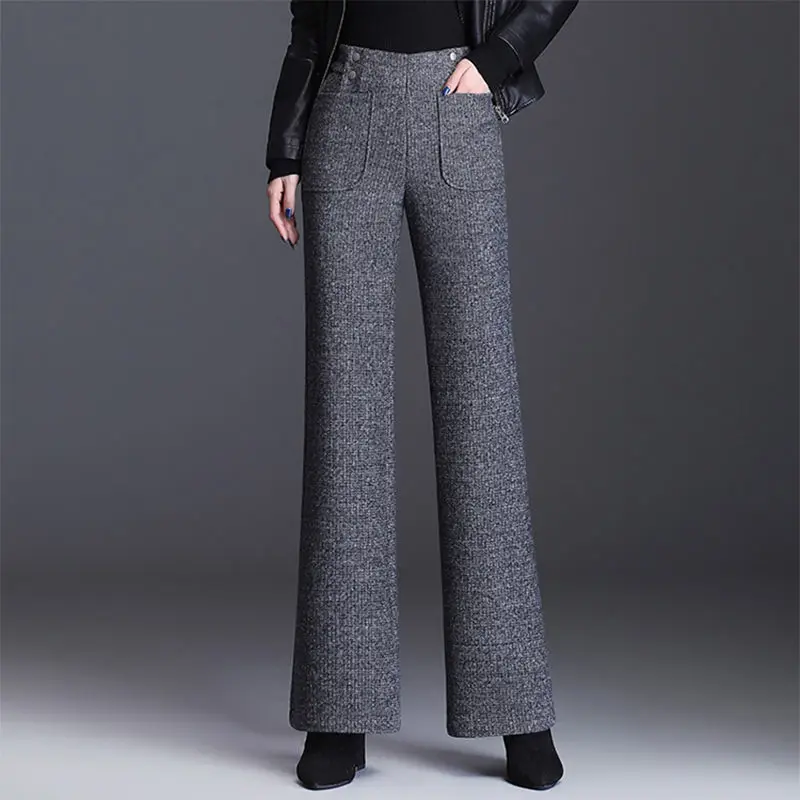 Autumn Winter Thick Wool Wide Leg Pants Women's High Elastic Waist Straight Leg Knitted Long Pant Ladies Casual Sweater Trousers