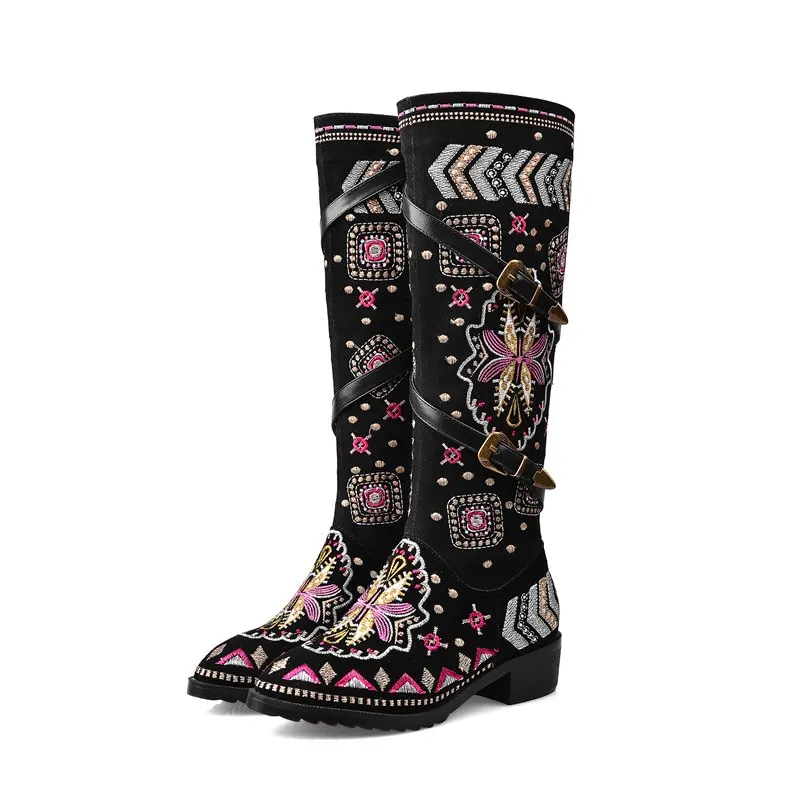 Big Size 34-46 New 2022 Winter genuine Cow leather boots women western bohemia women\'s boots embroidery knee high boots female