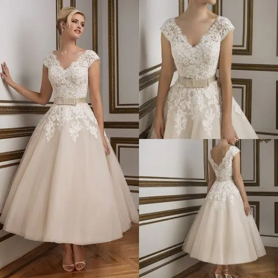 Dream personalizado curto chá comprimento vestidos de casamento 2025 elegante boné manga com decote em v vestido de noiva apliques de renda