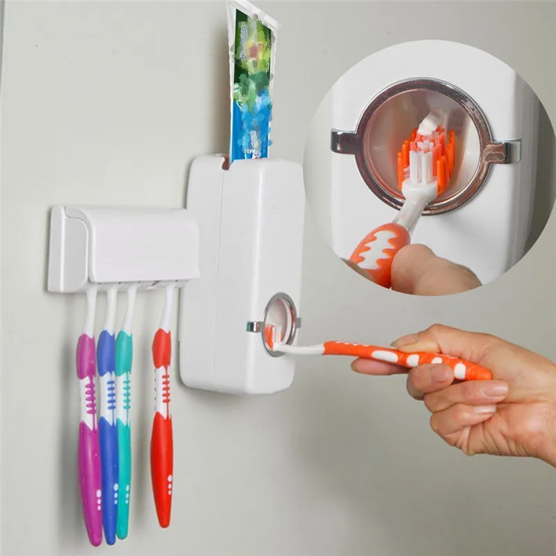 Automatic 5 Toothbrush Holder Set Wall Mount Stand Toothbrush Holder White Automatic Toothpaste Dispenser Bathroom Tools Set