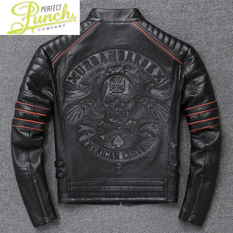 

Genuine Cow Leather Jacket Men Clothing Motorcycle Men's Jackets 6XL Mens Clothes Skull Embroidery Coat Ropa LXR434