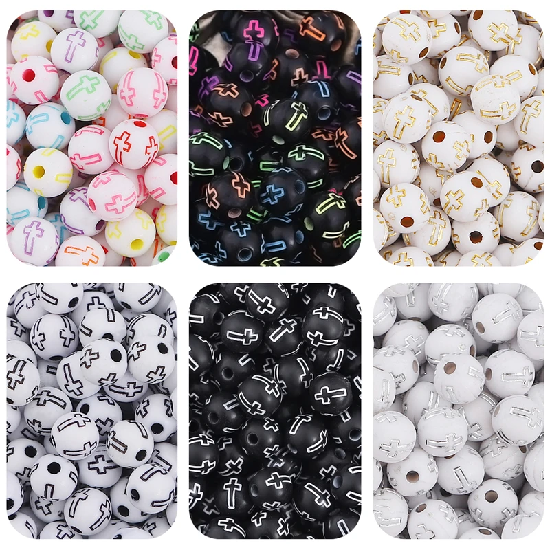 100pcs 8mm Acrylic Round Ball Beads Carved Cross Beads for DIY Bracelet Necklace Earrings Jewelry Craft Charm Making Accessories