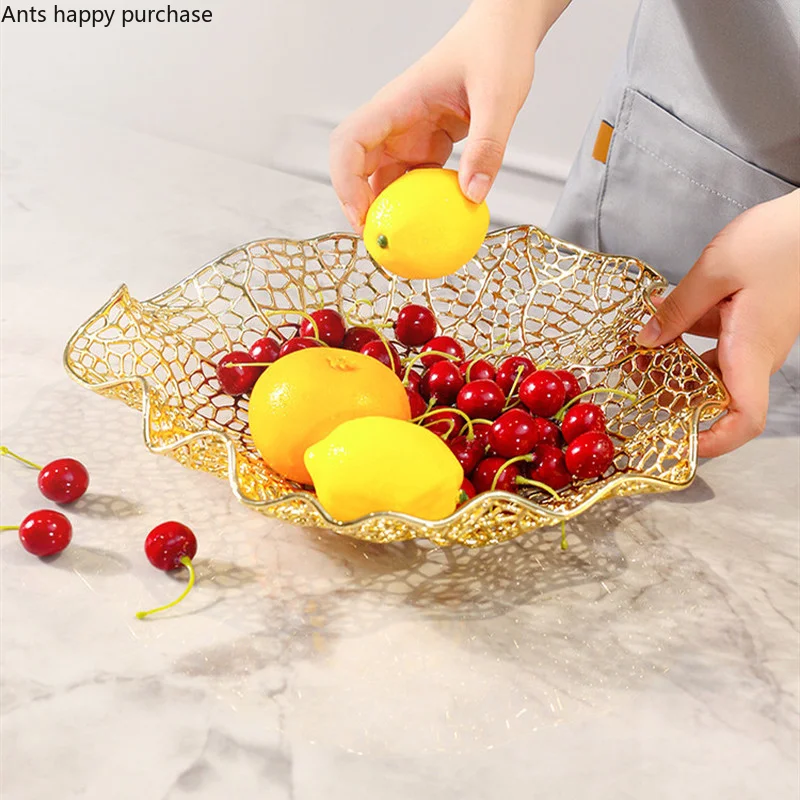 Electroplating Alloy Coral Plate Metal Hollow Fruit Plate Desktop Storage Tray Snack Tray Fruit Bowl Decorative Plates Dishes