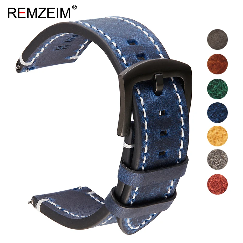 REMZEIM Genuine Leather Watchbands Bracelet Black Blue Gray Brown Cowhide Watch Strap Women Men 18mm 20mm 22mm 24mm Wrist Band