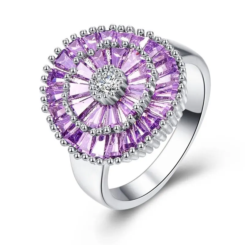 CiNily Firework Pink & Purple CZ Crystal Filled Rings Silver Plated String Of Beads Round Finger Ring Luxury Large Party Jewelry