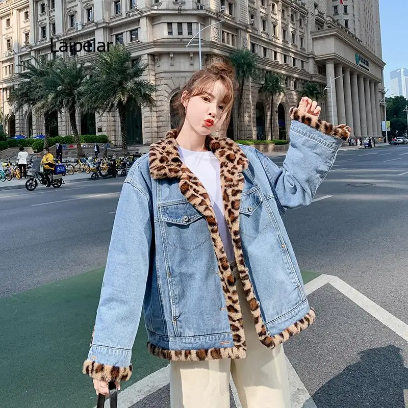 Neue winter Koreanische version lose und dünne leopard druck nachahmung kaninchen pelz beide seiten tragen denim jacke