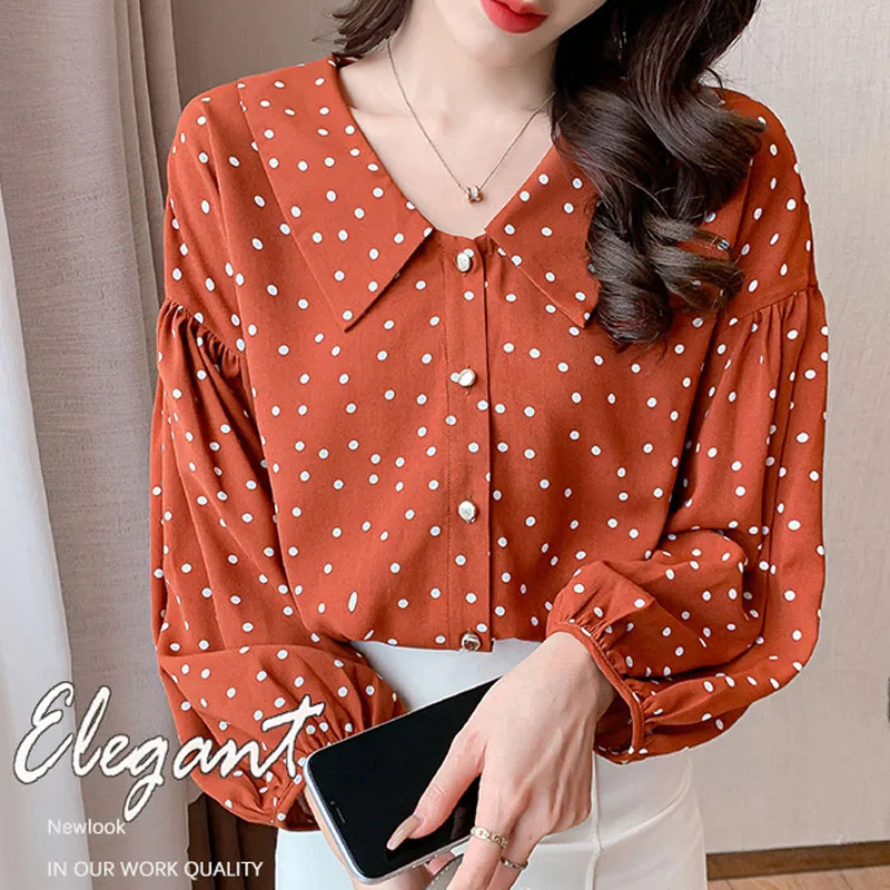 Fashion Chiffon Shirt Sweet New Wave Polka Dot Doll Collar Lantern Sleeve Simple Elegant Blusas Mujer Tops and Blouse Women 1543