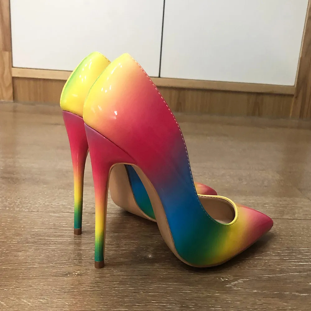 Veowalk Rainbow Colorful Patent Leather Women Sexy Stiletto Extemely High Heels, Ladies Fashion Pointed Toe Pumps Party Shoes