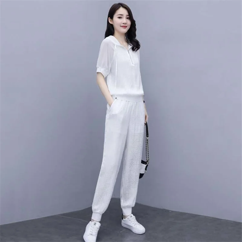 Women Hooded T-Shirt And Sports Pant Sets Female 2022 Summer New Korean Fashion Temperament Thin Two Piece Suit Elegant White