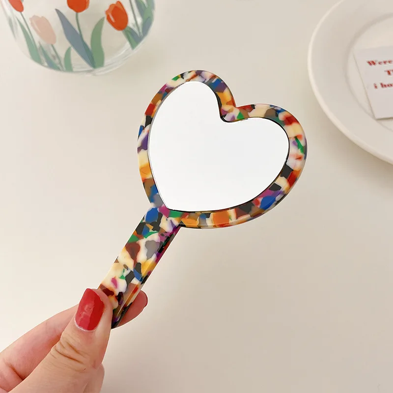 Ins Hot Mirror Decoration Vintage Small Make Up Heart Mirror Tortoise Acetate Daily Life Hand Bag Make Up Mirror For Girls