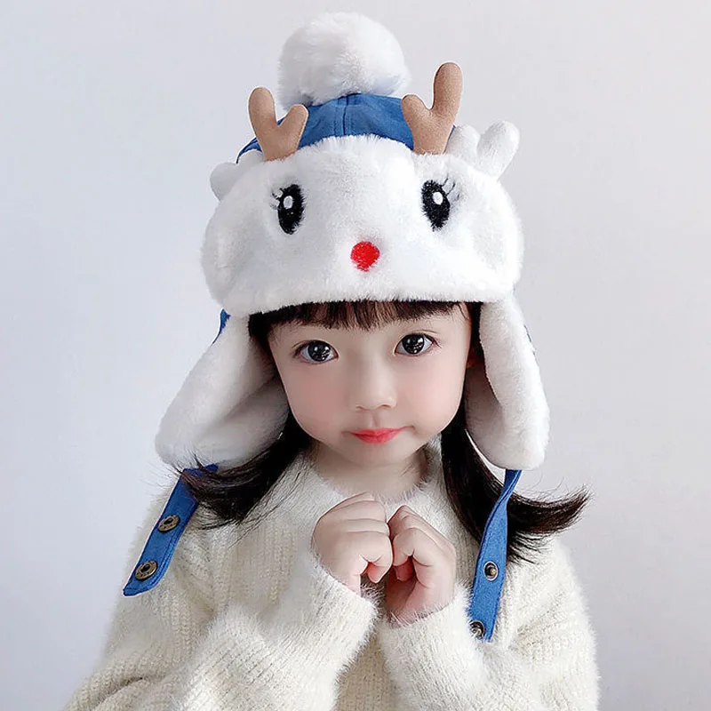 

Winter Thicken Kids Hats Children Russian Cartoon Faux Fur Deer Earflap Trapper Warm Hat Boys Girls Cute Christmas Snow Cap